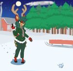  absurd_res anthro antlers bell bottomwear cabin capreoline cervid christmas clothing countershading female fur green_bottomwear green_clothing green_eyes green_hair green_jacket green_pants green_topwear hair hi_res holidays holly_(plant) hooves horn jacket mammal moon night pants plant red_body red_fur reindeer scarf sled snow solo star tan_body tan_countershading topwear tree vant_talon winter 