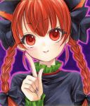  1girl animal_ears black_bow bow braid cat_ears extra_ears fingernails hair_bow hair_ribbon hand_up highres index_finger_raised kaenbyou_rin looking_at_viewer outer_glow portrait red_eyes red_hair ribbon smile solo touhou traditional_media tress_ribbon twin_braids yuuki_hana_(jtnp5334) 