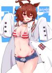  1girl absurdres agnes_tachyon_(umamusume) ahoge animal_ears bangs blush breasts brown_hair choker cleavage coat cowboy_shot cutoffs hands_up highres horse_ears kitahama_(siroimakeinu831) labcoat looking_at_viewer medium_hair navel open_clothes open_coat open_mouth red_eyes short_shorts shorts sleeves_past_fingers sleeves_past_wrists small_breasts smile solo swimsuit swimsuit_under_clothes test_tube twitter_username umamusume 