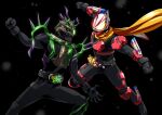  2boys armor battle black_bodysuit bodysuit boost_buckle collar desire_driver exhaust fever_boost_form fever_buckle fox gradient_horns highres horns jamato_(kamen_rider_geats) jamato_buckle jamato_rider kamen_rider kamen_rider_geats kamen_rider_geats_(series) kitsune male_focus multicolored_horns multiple_boys open_hand otokamu plant scarf shoulder_armor spiked_collar spikes tokusatsu 