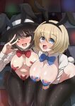  2girls :d alternate_costume animal_ears areola_slip bangs black_hairband black_headwear black_pantyhose black_pubic_hair blonde_hair blue_eyes blue_pasties blush bow bowtie breasts breasts_apart brown_eyes brown_hair cleavage collared_shirt commentary_request dance_floor fake_animal_ears fake_tail fedora female_pubic_hair full_body hair_between_eyes hairband hat highres kumasan_(kumazonjp) large_breasts looking_at_viewer maribel_hearn meme_attire multiple_girls no_shoes nose_blush one_eye_closed open_mouth pantyhose pubic_hair rabbit_ears rabbit_pasties rabbit_tail red_bow red_bowtie red_pasties reverse_bunnysuit reverse_outfit seiza shiny shiny_skin shirt shrug_(clothing) sitting smile tail touhou usami_renko w_over_eye white_shirt 