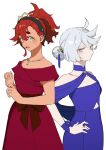  2girls blue_dress blue_eyes blush dark-skinned_female dark_skin dress grey_eyes gundam gundam_suisei_no_majo highres miorine_rembran mogumo multiple_girls official_alternate_costume red_dress red_hair suletta_mercury sweat tiara white_hair 