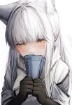  1girl absurdres animal_ears arknights bangs black_gloves blunt_bangs blush embarrassed gloves highres holding_ticket jacket long_hair looking_to_the_side platinum_(arknights) simple_background solo tab_head ticket upper_body white_background white_hair white_jacket yellow_eyes 