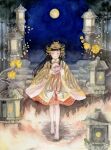  1girl barefoot black_hair blush closed_eyes flower full_body full_moon headpiece highres long_hair mask mask_removed moon night original outdoors painting_(medium) selen_ter solo stairs standing stone_lantern traditional_media very_long_hair watercolor_(medium) wide_sleeves yellow_flower yellow_headwear 