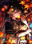  1girl alternate_costume animal_ears autumn_leaves blush breasts brown_hair closed_eyes galleon_(granblue_fantasy) granblue_fantasy japanese_clothes kimono large_breasts leaf long_hair maple_leaf pointy_ears signature solo very_long_hair yoake 