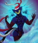  2022 abs armwear asmodeus_(helluva_boss) blue_body bulge christmas christmas_clothing christmas_headwear clothing demon digital_drawing_(artwork) digital_media_(artwork) gabsarts harness hat headgear headwear helluva_boss hi_res holidays legwear male santa_hat solo thigh_highs 