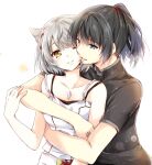  1boy 1girl animal_ears black_hair blue_eyes braid brown_eyes camisole cat_ears chest_jewel couple grey_hair hug hug_from_behind looking_at_another mio_(xenoblade) noah_(xenoblade) ponytail short_hair shoulder_strap single_braid smile ui_frara upper_body white_camisole xenoblade_chronicles_(series) xenoblade_chronicles_3 