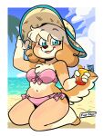  3:4 alcohol anthro beach beverage bikini bird_dog blue_eyes blush breasts canid canine canis clothed clothing detailed_background digital_media_(artwork) domestic_dog english_text female fur hair headgear headwear hi_res hunting_dog looking_at_viewer mammal open_mouth outside sand seaside sky smile solo spaniel swimwear text water ziggy_fox 
