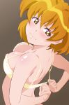 1girl bra breasts brown_background brown_eyes brown_hair closed_mouth collarbone dressing fresh_precure! fuchi_(nightmare) gradient gradient_background highres large_breasts looking_at_viewer looking_back precure short_hair solo sweatdrop underwear underwear_only upper_body wavy_mouth yamabuki_inori yellow_bra 