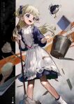  1girl absurdres apron blonde_hair blue_eyes book bow broom bucket bucket_of_water card copyright_name emilico_(shadows_house) english_text hair_bow highres hirooriginals holding holding_broom legs long_hair maid maid_apron open_mouth playing_card shadows_house solo 