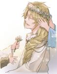  1boy :d aglovale_(granblue_fantasy) blonde_hair braid closed_eyes collared_shirt flower flower_wreath granblue_fantasy hair_between_eyes hair_over_shoulder hand_on_another&#039;s_head head_tilt head_wreath highres holding holding_flower lens_flare lower_teeth male_focus out_of_frame pink_flower shirt simple_background single_braid smile solo_focus teeth tokikane_mikan upper_body white_flower white_shirt 