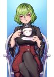  1girl absurdres black_pantyhose button_up_skirt chair commission crossed_legs cup feet_out_of_frame green_hair high-waist_skirt highres holding holding_cup holding_saucer kazami_yuuka legs mefomefo pantyhose parted_lips plaid plaid_skirt red_eyes saucer short_hair sitting skirt teacup touhou 