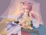  2girls animal_ear_fluff animal_ears arknights bangs bare_arms bare_shoulders black_choker black_pantyhose black_skirt blonde_hair blue_eyes blue_tank_top blush choker collarbone commentary_request feet_out_of_frame fie_in_b86 fox_ears fox_girl fox_tail frilled_skirt frills green_eyes hair_between_eyes heart heart-shaped_pupils jacket kitsune knees_together_feet_apart multicolored_hair multiple_girls nibbling pantyhose parted_lips pink_hair purple_skirt sitting skirt sussurro_(arknights) suzuran_(arknights) symbol-shaped_pupils tail tank_top two-tone_hair wariza white_hair white_jacket white_pantyhose 