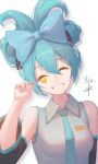  1girl ^_^ bangs bare_shoulders black_sleeves blue_bow blue_hair blue_necktie bow breasts candy cinnamiku closed_eyes collared_shirt commentary_request detached_sleeves facing_viewer food grey_shirt grin hair_between_eyes hair_bow hand_up hatsune_miku highres holding holding_candy holding_food holding_lollipop lollipop long_sleeves necktie sanrio shengkai167 shirt signature simple_background sleeveless sleeveless_shirt small_breasts smile solo updo vocaloid white_background wide_sleeves 