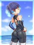  1girl ass blue_hair brown_eyes closed_mouth competition_swimsuit cougar_(cougar1404) fiery_hair glowing_lines ocean one-piece_swimsuit sena_(xenoblade) side_ponytail smile solo swimsuit thighs water xenoblade_chronicles_(series) xenoblade_chronicles_3 