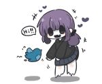  +++ 1girl :d animal bangs bird black_hoodie black_skirt blush_stickers commentary_request english_text fang flying_sweatdrops ghost heart highres hood hood_down hoodie long_hair low_ponytail original pleated_skirt ponytail purple_eyes purple_hair shadow simple_background skirt smile solo stitches uni_souchou white_background 