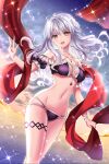  1girl :d bikini breasts caren_hortensia caren_hortensia_(amor_caren) cleavage cloud cloudy_sky dutch_angle fate/grand_order fate_(series) grey_hair groin highres kakiko210 light long_hair looking_at_viewer medium_breasts navel night night_sky ocean purple_bikini red_scarf scarf sky smile solo sparkle star_(sky) starry_sky swimsuit twilight wavy_hair yellow_eyes 