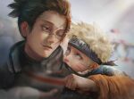  2boys artist_name blonde_hair blue_eyes blurry blurry_background brown_eyes child day english_commentary eye_contact facial_mark headband highres looking_at_another male_focus multiple_boys naruto_(series) naruto_shippuuden outdoors scar scar_on_face tamelee umino_iruka upper_body uzumaki_naruto whisker_markings 