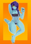  1girl @_@ absurdres blue_skin border breasts colored_sclera colored_skin gradient gradient_background gris_swimsuit hair_over_one_eye highres medium_breasts meme_attire nail_polish orange_background original purple_hair see-through_swimsuit shiny shiny_clothes solo tinsay 
