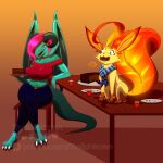  1:1 anthro big_tail birthday birthday_cake cake candy chair chocolate claws dessert digital_media_(artwork) dragon duo eeveelution exposed_belly fan_character female feral food furniture generation_4_pokemon gradient_background hair hair_over_eye hi_res horn leafeon navel nintendo on_chair one_eye_obstructed pink_hair pokemon pokemon_(species) scalie scarf simple_background sitting sitting_on_chair sitting_on_table thelightsmen video_games wings 
