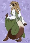  anthro arwenscoots bottomwear bow_ribbon clothed clothing clothing_lift domestic_ferret dress fangs female hi_res long_skirt mammal mustela mustelid musteline pawpads pose skirt skirt_lift solo true_musteline 