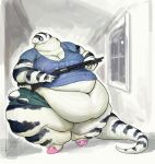  anthro belly belly_overhang big_belly bottomwear breasts california_kingsnake cettus cleavage clothed clothing female gun hallway hi_res holding_object holding_weapon inside maeve_gibson morbidly_obese morbidly_obese_anthro morbidly_obese_female obese obese_anthro obese_female overweight overweight_anthro overweight_female pants ranged_weapon reptile scalie shirt shotgun slippers snake solo topwear torn_bottomwear torn_clothing torn_pants weapon window 