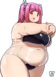  1girl bangs black_outline blunt_bangs breasts commentary_request covered_navel cowboy_shot dot_nose fat gris_swimsuit highres large_breasts looking_at_viewer looking_to_the_side meme_attire one-piece_swimsuit open_mouth original outline outstretched_arms pink_eyes pink_hair red_eyes scrunchie see-through see-through_swimsuit sidelocks simple_background solo swimsuit tareme thick_arms thick_thighs thighs two_side_up white_background zuisawa 