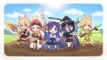  5girls :d :o animal_ear_fluff animal_ears aris_(blue_archive) armored_boots arrow_(projectile) bangs bare_shoulders black_capelet black_dress black_footwear black_gloves black_hair black_headwear black_skirt blonde_hair blue_archive blue_eyes blue_sky boots breasts brown_shorts capelet chibi closed_mouth cloud coat commentary_request crossbow day detached_sleeves dress fingerless_gloves gem glint gloves goggles goggles_on_head green_eyes green_ribbon grey_eyes hair_between_eyes hair_ribbon halo harada_(sansei_rain) hat highres holding holding_crossbow holding_staff holding_sword holding_weapon kemonomimi_mode long_hair long_sleeves medium_breasts midori_(blue_archive) momoi_(blue_archive) multiple_girls outdoors pink_eyes pleated_dress pleated_skirt puffy_long_sleeves puffy_sleeves purple_eyes purple_hair quiver red_hair ribbon ringed_eyes shirt shoes short_shorts shorts siblings sidelocks sisters skirt sky sleeveless sleeveless_shirt smile staff sword twins two_side_up v-shaped_eyebrows very_long_hair weapon weapon_request white_coat white_footwear white_shirt white_sleeves witch_hat yuuka_(blue_archive) yuzu_(blue_archive) 