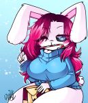  animal_humanoid anthro big_breasts black_sclera blue_eyes blush bottomless breasts candy candy_cane clothed clothing dessert female food fur hair hi_res humanoid lagomorph lagomorph_humanoid leporid leporid_humanoid long_ears long_hair mammal mammal_humanoid pantsless rabbit rabbit_humanoid seerkitty solo white_body white_fur wide_hips 