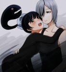  2girls black_dress black_eyes black_hair black_tank_top blue_bow blush bow chainsaw_man closed_mouth dress futakuchi-onna grey_background grey_eyes grey_hair hair_bow hair_tie hand_on_another&#039;s_back hand_on_another&#039;s_shoulder hug multiple_girls open_mouth pingtsi_(chainsaw_man) ponytail quanxi_(chainsaw_man) simple_background smile tank_top yzcheese 