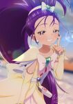  1girl arm_warmers birthday bow brooch cowboy_shot cure_egret day dress futari_wa_precure_splash_star hairband happy_birthday heart_brooch highres jewelry long_hair looking_at_viewer mishou_mai outdoors pouch precure purple_eyes purple_hair signature smile solo tiler_(tiler00) white_bow white_dress 