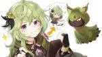  &gt;_&lt; &gt;o&lt; 1girl bangs before_and_after bridal_gauntlets capelet chibi chibi_inset collei_(genshin_impact) commentary_request cuilein-anbar_(genshin_impact) earrings genshin_impact green_hair hair_between_eyes hair_ornament highres holding holding_pen jewelry long_hair long_sleeves looking_at_viewer pen purple_eyes sakura_semi sidelocks simple_background single_earring smile v-shaped_eyebrows white_background 