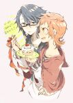  2boys bangs black-framed_eyewear black_hair blue_eyes blue_shirt blush cake commentary_request food fushimi_saruhiko glasses hair_between_eyes holding holding_plate hood hoodie k_(anime) long_sleeves looking_at_another male_focus multiple_boys open_mouth orange_hair plate red_hoodie shirt short_hair simple_background smile translation_request upper_body uru_uzuki white_background white_shirt yata_misaki yellow_eyes 