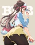  1girl adjusting_clothes adjusting_headwear background_text bag black_pantyhose blue_eyes brown_hair cacn closed_mouth double_bun english_text hair_bun handbag highres holding holding_poke_ball long_hair looking_at_viewer pantyhose pantyhose_under_shorts poke_ball pokemon pokemon_(game) pokemon_bw2 rosa_(pokemon) smile wristband 