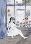  1girl barefoot black_eyes black_hair broken curtains doll_head dress flower full_body garden_tiger_moth highres indoors painting_(medium) rock_garden selen_ter short_sleeves sitting traditional_media watercolor_(medium) white_dress window 