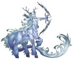  1boy animal_ears antlers arrow_(projectile) blue_fur blue_skin bow_(weapon) centauroid chinese_commentary closed_mouth colored_sclera colored_skin drawing_bow full_body fur-tipped_tail green_hair hands_up highres holding holding_bow_(weapon) holding_weapon hooves horns long_hair male_focus monster_boy nude original quiver red_eyes red_sclera simple_background single_horn solo standing tail taur weapon white_background windy_(416053778) 
