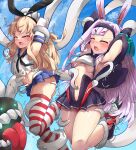  2girls animal_ears armpits arms_up ass azur_lane bakasp-lilzy bangs bare_legs bikini_over_clothes black_hairband black_panties black_skirt blonde_hair blue_skirt blue_sky blush breasts closed_eyes covered_navel crop_top elbow_gloves enemy_naval_mine_(kancolle) gloves hairband highleg highleg_panties highres jacket kantai_collection long_hair miniskirt multiple_girls navel navel_insertion open_mouth outdoors panties pleated_skirt rabbit_ears red_thighhighs restrained rudder_footwear sailor_collar school_uniform serafuku shimakaze_(azur_lane) shimakaze_(kancolle) skirt sky small_breasts striped striped_thighhighs sweat tentacles thighhighs tickling tongue tongue_out trembling underboob underwear white_gloves white_hair white_thighhighs 