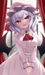  1girl :d absurdres ascot bat_wings breasts brooch curtains dress fangs hat highres indoors jewelry looking_at_viewer mob_cap open_mouth pink_headwear pointy_ears purple_hair red_ascot red_eyes remilia_scarlet s_vileblood short_hair skin_fangs slit_pupils smile solo touhou v_arms window wings 