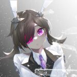  1girl brown_hair crying crying_with_eyes_open dark-skinned_female dark_skin eyepatch grey_background headgear highres long_hair looking_at_viewer necktie purple_eyes purple_necktie shirt simple_background solo tears tower_of_fantasy twintails umi_(tower_of_fantasy) upper_body white_shirt zhe_feng_yi 