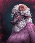  anthro artist_name bust_portrait canid cheek_tuft cheep_cheep clothed clothing curled_horn facial_tuft fangs female fur glistening glistening_eyes grey_body grey_fur hi_res himeragoldtail horn hybrid looking_at_viewer mammal orange_eyes pink_clothing pink_topwear portrait simple_background solo topwear tuft white_body white_fur wool_(fur) 
