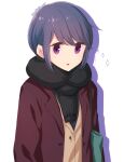  1girl atu bag blue_hair handbag highres purple_eyes scarf shima_rin short_hair solo white_background yurucamp 