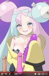  1girl aqua_hair armpit_crease bangs black_jacket black_panties blush bow-shaped_hair breasts butt_plug character_hair_ornament chisamitsushi clenched_teeth collarbone cross_pasties dildo forehead hair_ornament holding holding_sex_toy iono_(pokemon) jacket livestream long_sleeves looking_at_viewer magnemite multicolored_clothes multicolored_eyes multicolored_hair multicolored_jacket oversized_clothes panties pasties pink_eyes pink_hair pokemon pokemon_(game) pokemon_sv profanity purple_background sex_toy sharp_teeth sleeves_past_fingers sleeves_past_wrists smile solo split-color_hair teeth too_many too_many_sex_toys two-tone_hair two-tone_jacket underwear very_long_sleeves wide_sleeves x_x yellow_jacket 