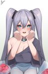  1girl absurdres azur_lane bangs blue_eyes blue_shorts blush breasts cleavage food fourtwelve grey_hair hair_between_eyes hands_on_own_cheeks hands_on_own_face heart heart-shaped_pupils highres intrepid_(azur_lane) large_breasts long_hair looking_at_viewer mole mole_on_breast off_shoulder open_mouth shaved_ice short_shorts shorts signature sitting solo symbol-shaped_pupils twintails two_side_up wide_sleeves 