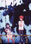  1boy 1girl black_hair blurry blurry_background dynarex gridman_universe gridman_universe_(film) hibiki_yuuta highres key_visual kneehighs long_hair looking_at_another mecha miniskirt necktie official_art promotional_art red_hair robot school_uniform short_hair short_sleeves sitting skirt socks ssss.dynazenon ssss.gridman sweater_vest swing_set takarada_rikka 