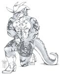  absurd_res anthro boots clothing cowboy dragon footwear hat headgear headwear hi_res horn lariat lasso male muscular reptile rope scalie sketch solo tattoo tatts thehuntingwolf western 