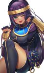  1girl :3 armlet bangs blunt_bangs breasts dark-skinned_female dark_skin fingerless_gloves gloves green_eyes headband highres kneehighs looking_at_viewer medium_breasts menat one_eye_closed paw_pose purple_hair rope sato_one1 smile socks solo street_fighter street_fighter_v white_background 