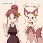  2019 anthro big_breasts breasts canid canine clothed clothing dialogue duo edit english_text female flower fox gesture hair hi_res human mammal melonleaf nude plant purple_eyes red_hair simple_background smile standing text waving worried 