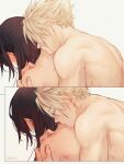  1boy 1girl artist_name bangs blonde_hair blush brown_hair cloud_strife commentary_request final_fantasy final_fantasy_xiv from_side hetero highres hug hug_from_behind kiss kissing_neck maiii_(smaii_i) nude short_hair tifa_lockhart upper_body white_background 