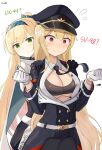  2girls absurdres belt black_bra black_necktie blonde_hair bra breasts commission cosplay costume_switch gamryous girls&#039;_frontline gloves green_eyes green_hairband hairband hat highres large_breasts military military_uniform multiple_girls necktie peaked_cap ponytail red_eyes scarf stg44_(girls&#039;_frontline) stg44_(girls&#039;_frontline)_(cosplay) striped sv-98_(girls&#039;_frontline) sv-98_(girls&#039;_frontline)_(cosplay) underwear uniform vertical_stripes white_belt white_gloves white_scarf 