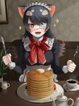  1girl :d animal_ears apron australian_devil_(kemono_friends) bangs black_hair blush breasts brown_eyes butter commentary cup deku_suke excited extra_ears eyepatch flipped_hair food fork frills fruit heart heart-shaped_pupils highres holding holding_fork holding_knife indoors japari_symbol kemono_friends knife long_hair long_sleeves maid maid_headdress medical_eyepatch medium_breasts one_eye_covered open_mouth pancake pancake_stack plate smile solo sparkle spoon steam straight-on strawberry symbol-shaped_pupils tasmanian_devil_ears teacup waist_apron 